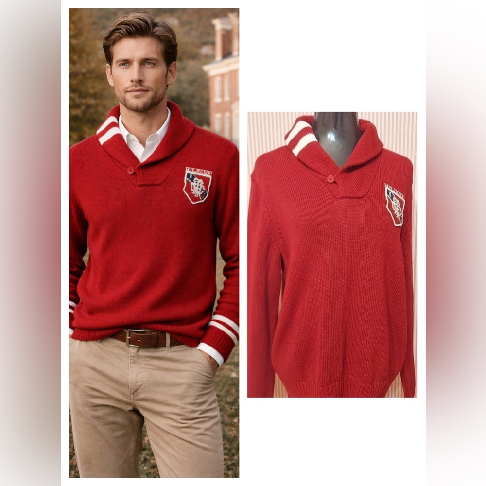 Red Shawl Collar Sweater M Classic Preppy Heritage Knit NWT